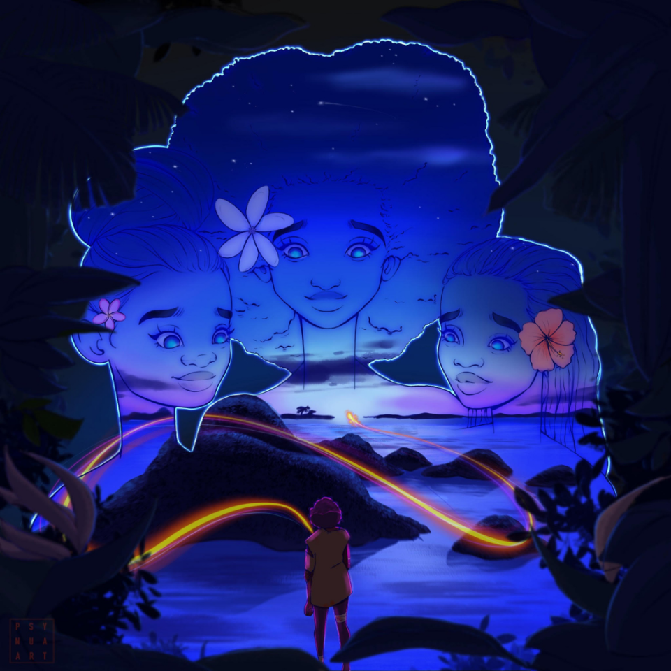 A Safe Place to Heal, Tiare Lefotu. Three young faces appear ghost-like in the horizon, looking down onto land rising out of the sea.