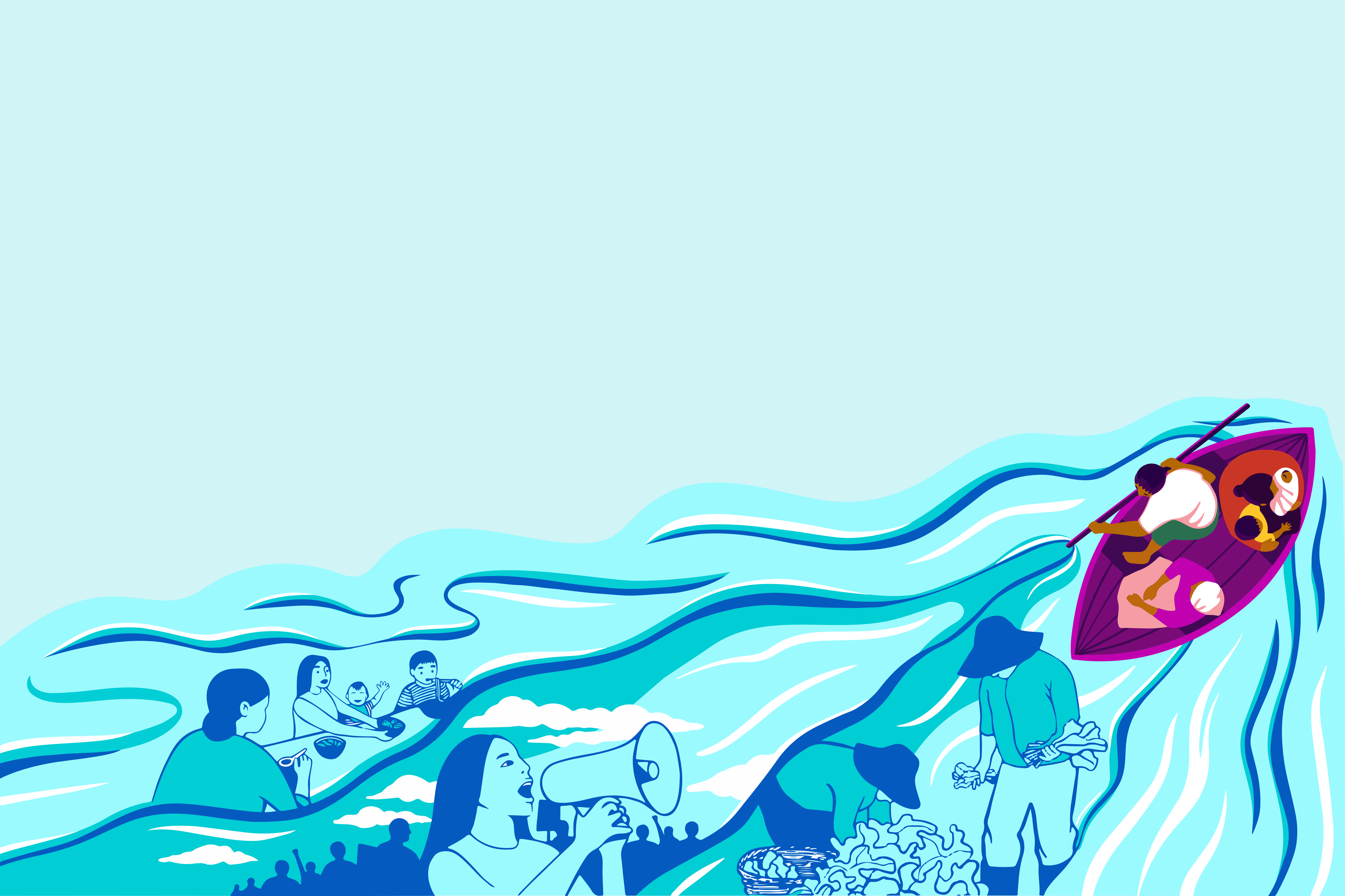 Movement Hub illustration, showing multiple figures including one in a boat