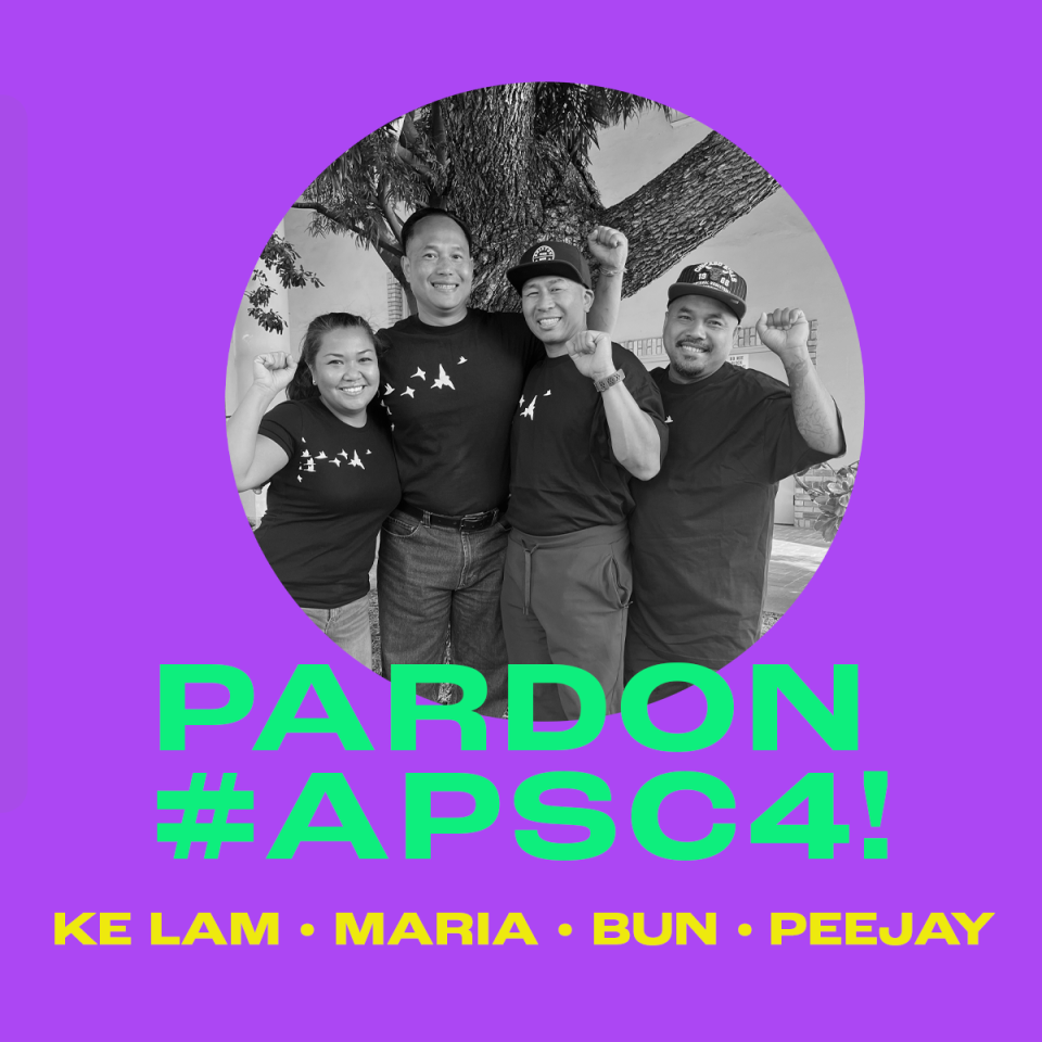 A group of people standing with their fists raised; "Pardon #APSC4!"