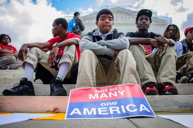 Supporters of affirmative action outside the Supreme Court on October 10, 2012, the day the Supreme Court heard Fisher v. University of Texas (Pete Marovich/ZUMA Press, Inc/Alamy)