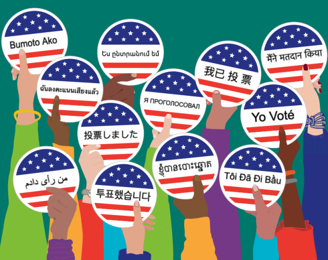 The cover to a report, with the title in white against a green background: "Breaking Barriers to the Ballot Box: Expanding Language Access for California Voters." Multiple hands of varying skin tones hold up "I voted" stickers in multiple languages.