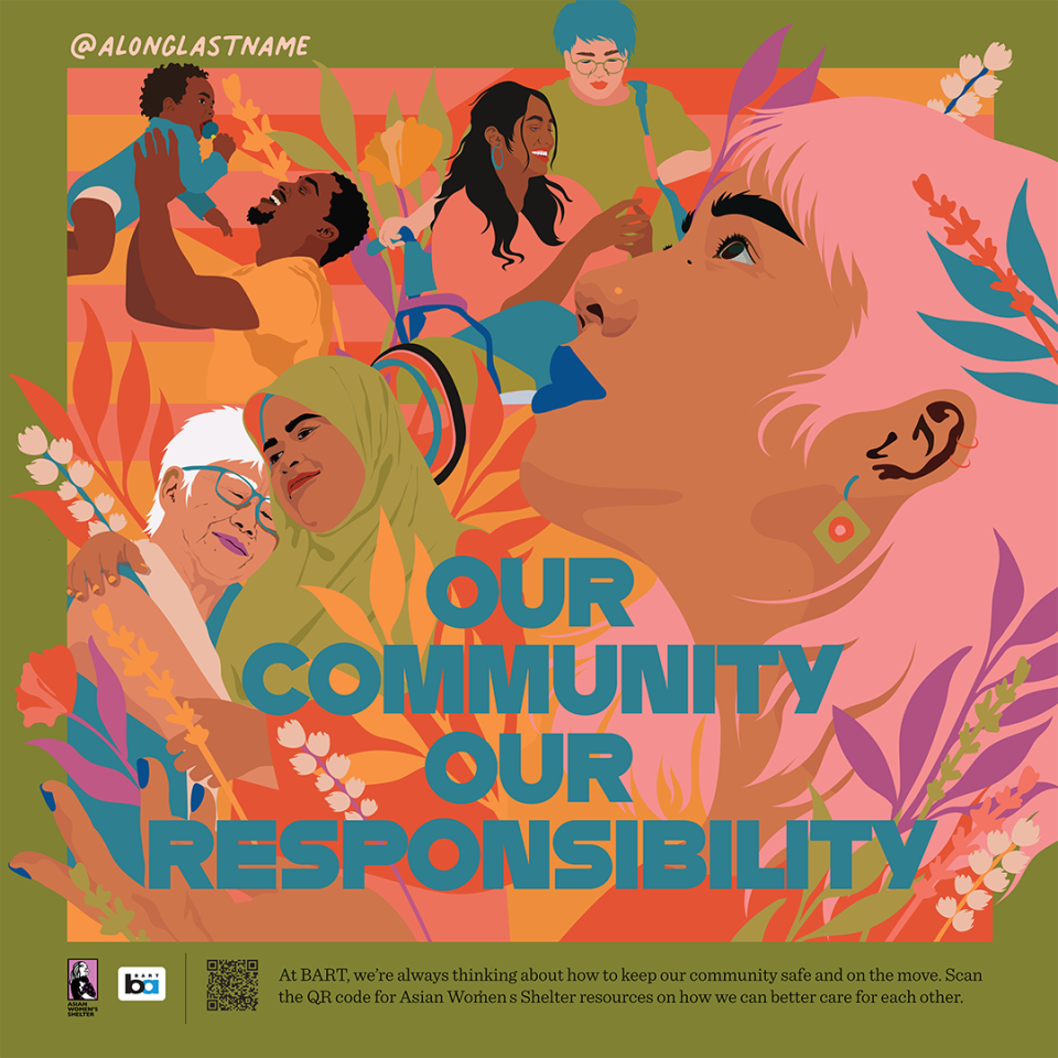 A poster which reads "Our Community Our Responsibility" underneath which is a profile view of a person looking upwards. Behind her, a pair of figures are embracing, a pair of figures including one in a wheelchair are talking and looking at a phone, and a father is lifting his child in the air.