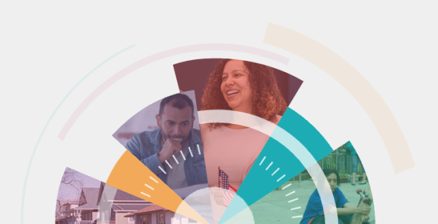 A collage of wedgest, some with images (of a man posed thoughtfully with his hand on his chin, a woman smiling and holding an American flag while looking to her right, and a child with a skateboard crouched on the ground.