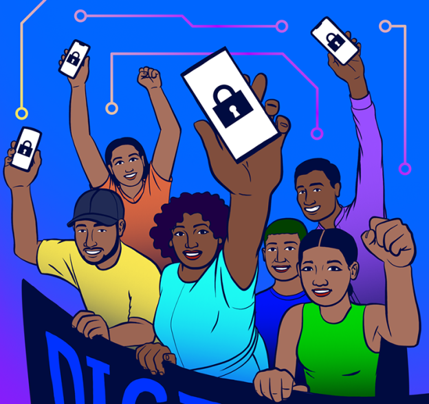 A group of protestors march holding a banner. A few hold their phones raised, and the screens show the image of a lock. One protestor raises their fist in solidarity.